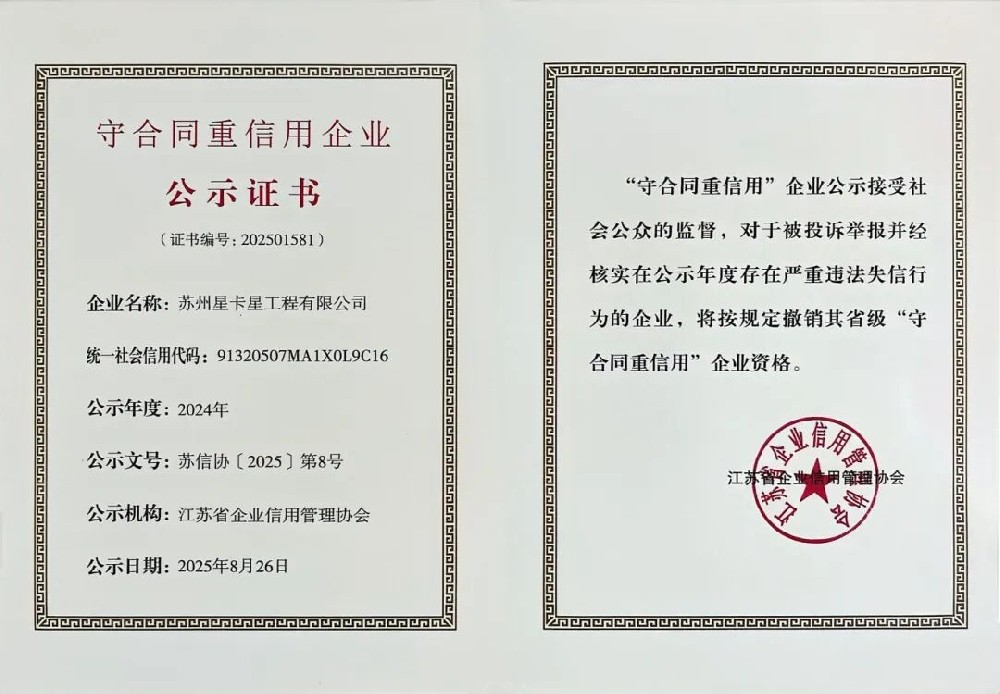 公示|苏州星卡星工程有限公司荣获“江苏省守合同重信用企业”称号